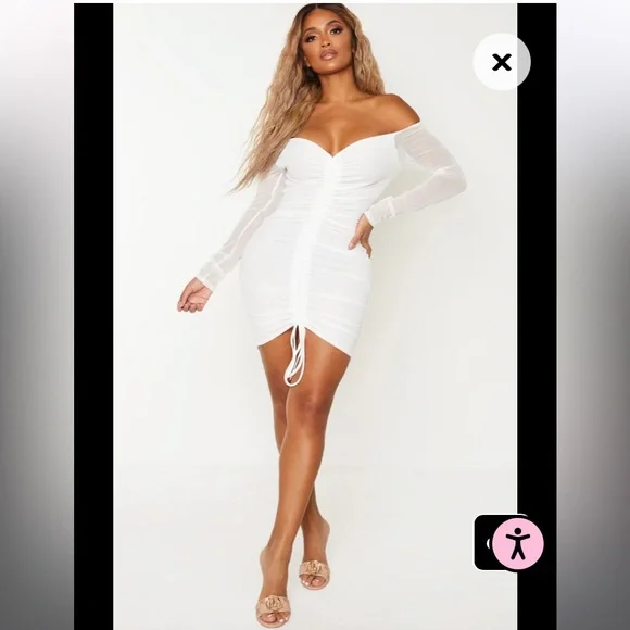 Pretty Little Thing White Mesh Ruched Body Dress